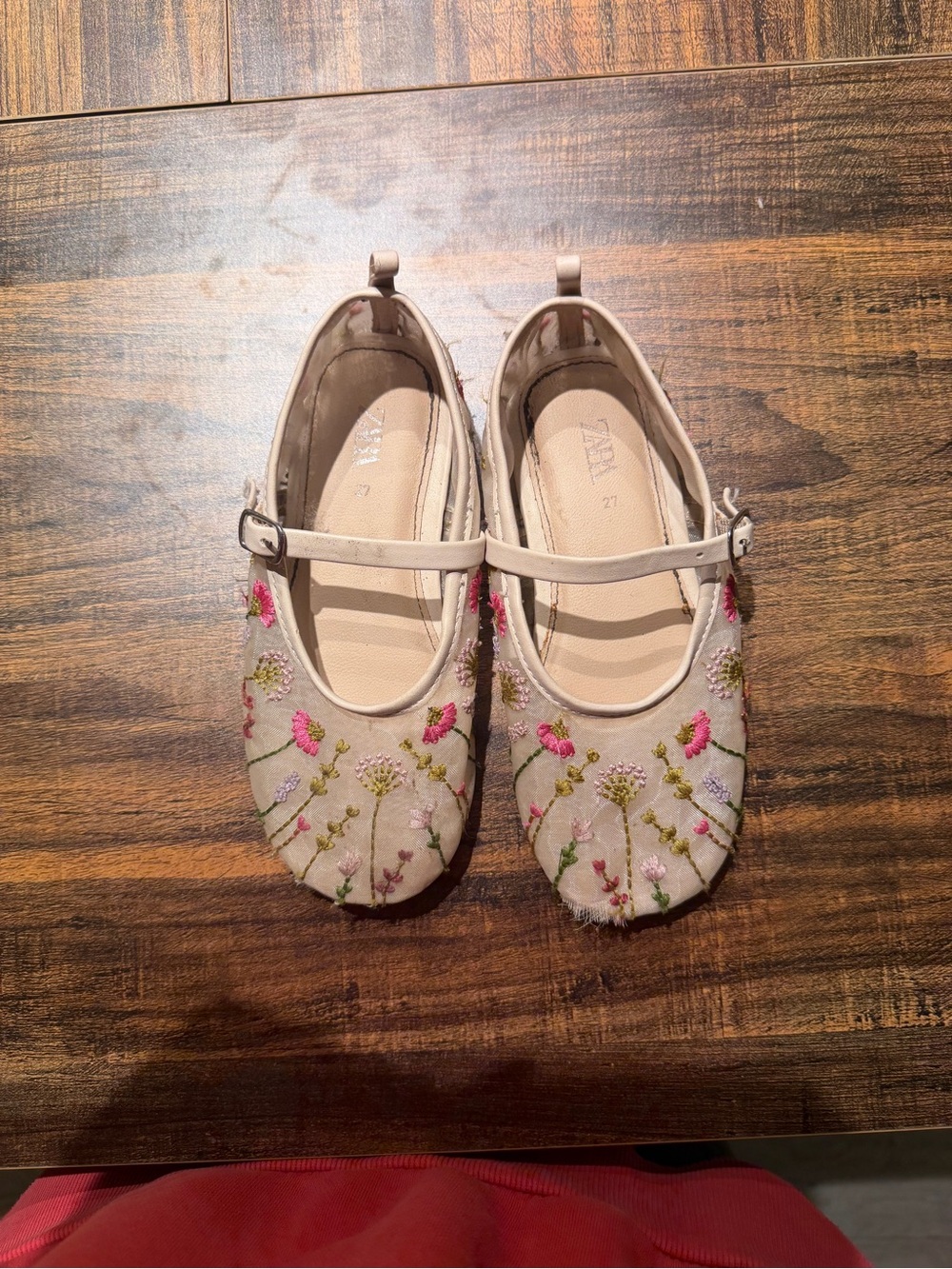 Zara Girls Beige Floral Embroidered Mary Jane Shoes